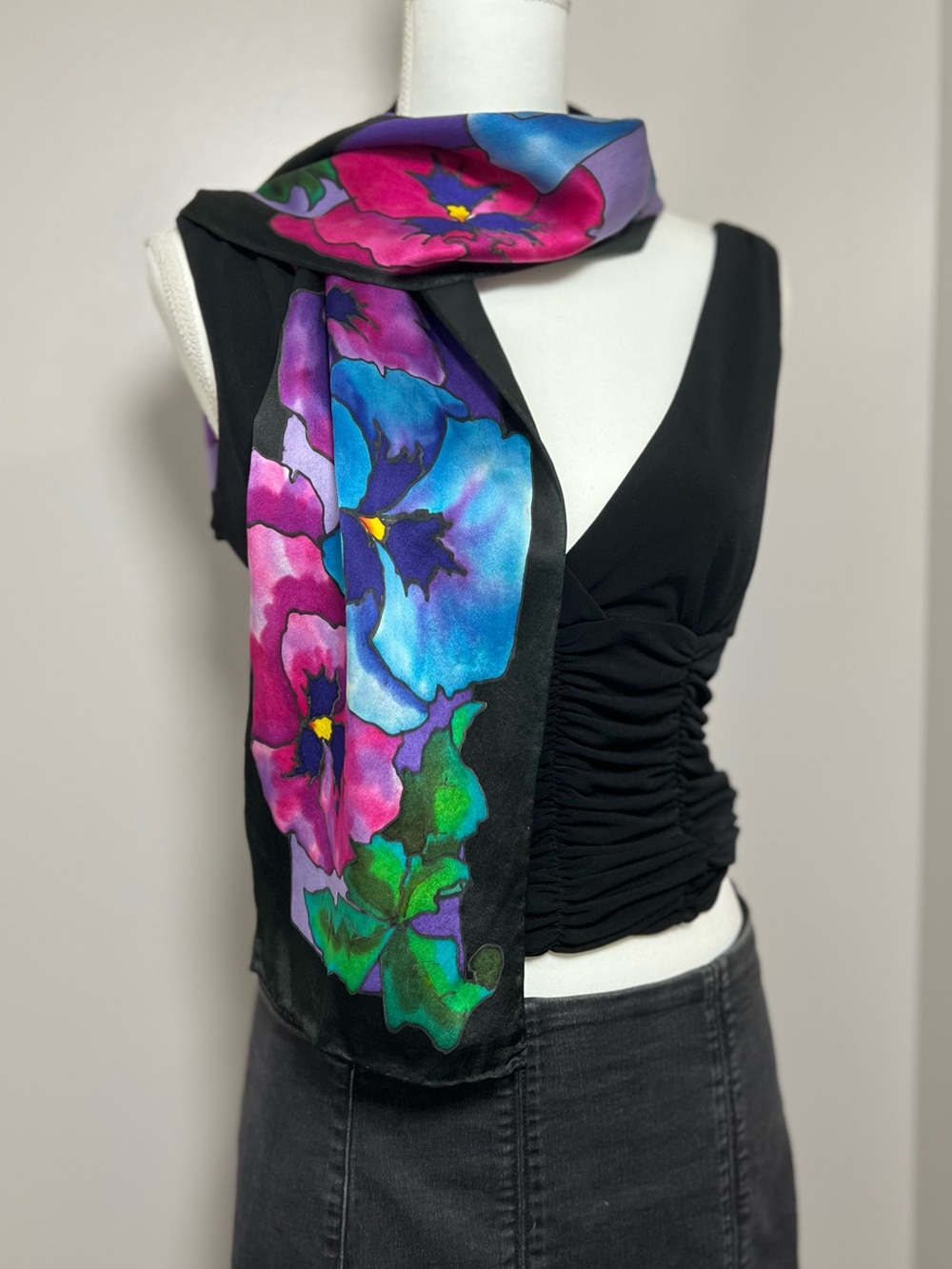 San Juan Silk One-of-a-Kind Pansy Floral Hand-Painted 100% Silk Scarf Signed